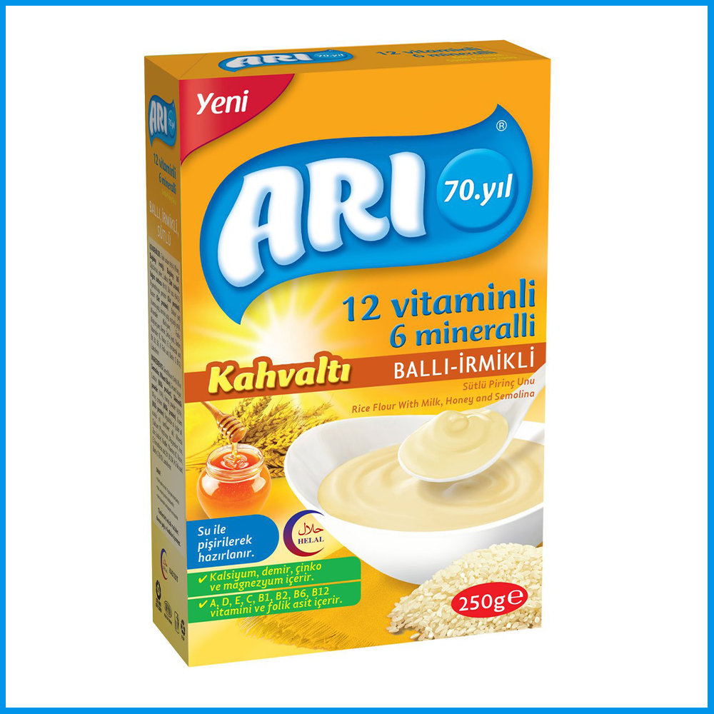 Arı Mama 12 Vitaminli 6 Mineralli Ballı İrmikli Kahvaltı Sütlü Pirinç Unu 250 g